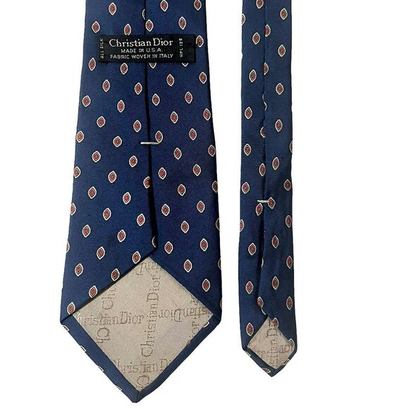 Christian Dior All Silk Navy Blue Red Patterned Necktie Tie 3.5” Width - Picture 4 of 8
